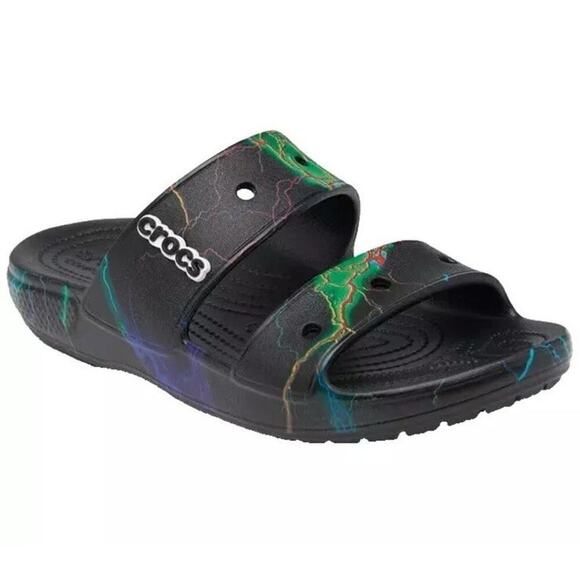 Crocs Classic Two-Strap Slide Sandals Black/Green US Men's 4 Women's 6 - Picture 1 of 6